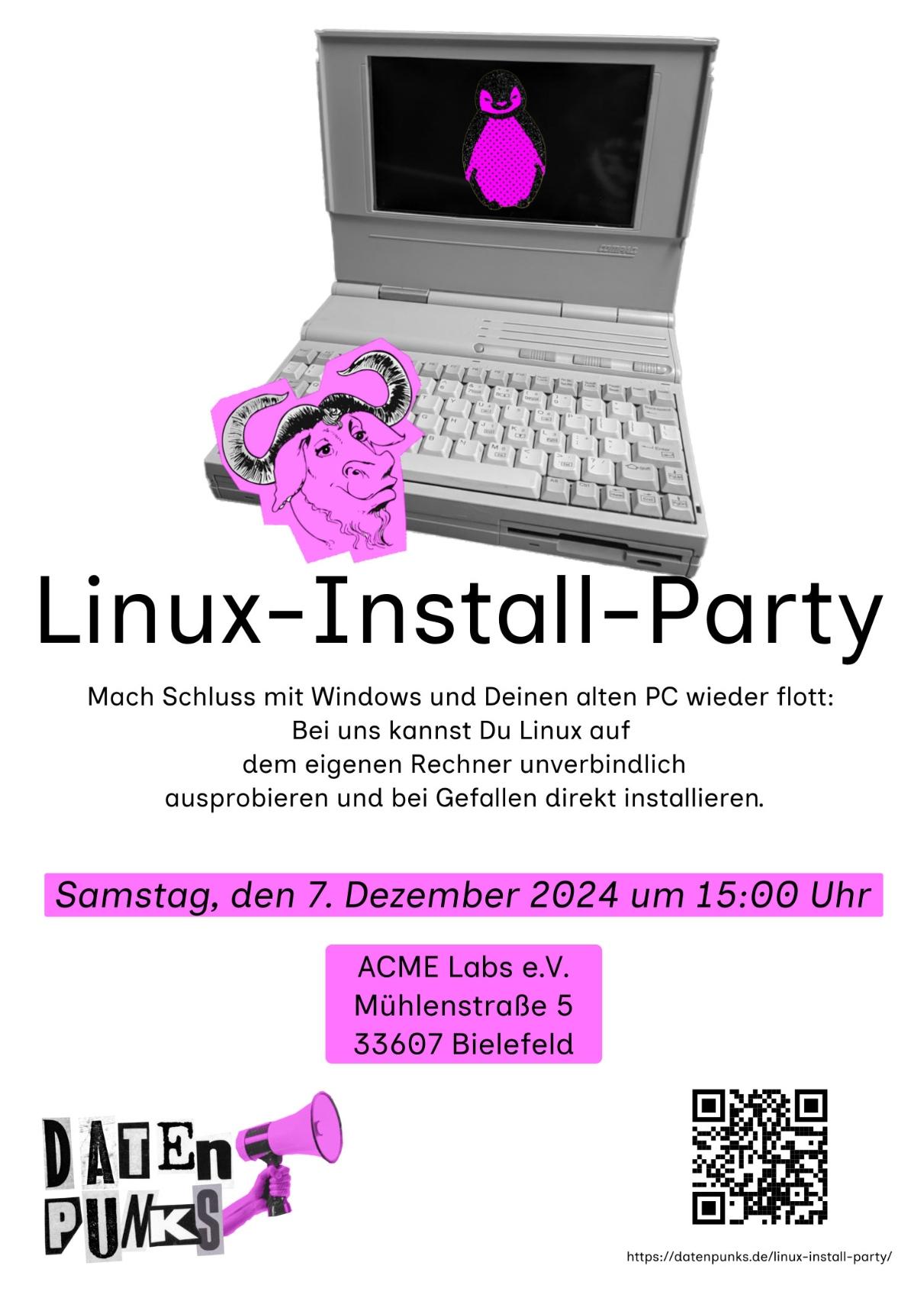 Veranstaltungsplakat: Im oberen Bilddrittel ein alter Compaq Laptop. Überschrift "Linux-Install-Party&quot;. Text: Mach Schluss mit Windows und Deinen alten PC wieder flott: Bei ujs jsnnst Du Linux auf dem eigenen Rechnet unverbindlich ausprobieren <br />und bei Gefallen direkt installieren. Samstag, den 7.12.24 um 15 Uhr in den ACME Labs, Mühlenstraße 5 in 33607 Bielefeld