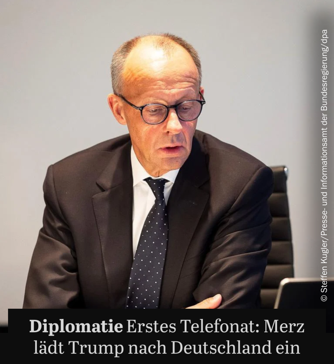 Screenshot der Webseite des Tagesspiegels. Zu sehen ein Foto von Friedrich Merz und der Headline: "Erstes Telefonat: Merz lädt Trump nach Deutschland ein"