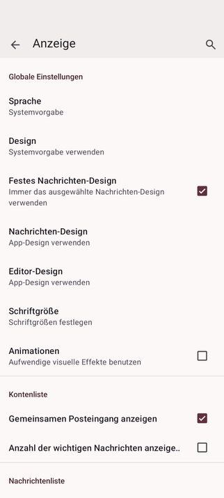 Screenshot von Einstellungen | Anzeige mit der Option, den gemeinsamen Posteingang zu deaktivieren