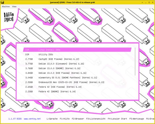 Boot-Menü eines mit Ventoy erstellten Multi-Boot-USB-Sticks. Zu sehen sind folgende Optionen:

Cachy0S [KDE Plasmal [Kernel 6.12] 
Debian 13.0.0 [Cinnamon] [Kernel 6.16]
Debian 13.0.0 [GNOME] [Kernel 6.16] 
Debian 13.0.0 [KDE Plasmal [Kernel 6.16]
elementary 0S 8.01 [GNOME Pantheon] (Kernel 6.11]
Endeavour0S Neo (2025-03-19) [KDE Plasmal [Kernel 6.13]
Fedora 42 [KDE Plasmal [Kernel 6.14]
Fedora 42 [GNOME] [Kernel 6.14]