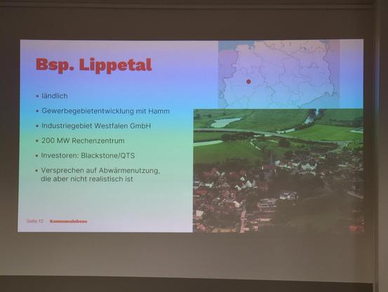 A slide from Sonja Lemke's talk:

E.g. Lippetal
• rural
• industrial park development with the city of Hamm
• outsourced the Industriegebiet Westfalen GmbH
• 200 MW datacenter
• promised waste heat utilization unlikely in reality
