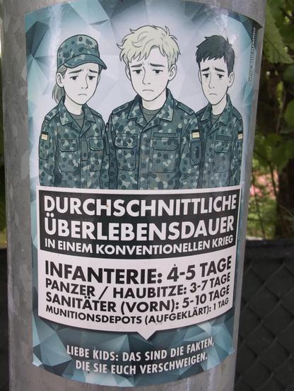 Zeichnung mit drei traurigen jungen Bundeswehrsoldaten in Tarnfleck-Uniform und darunter folgender Text:

Durchschnittliche Überlebensdauer in einem konventionellen Krieg

Infanterie: 4–5 Tage
Panzer/Haubitze: 3–7 Tage
Sanitäter (vorn): 5–10 Tage
Munitionsdepots (aufgeklärt): 1 Tag

Liebe Kids: Das sind die Fakten, die sie euch verschweigen.