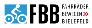 Logo von FBB
Links ein in weiß stilisiertes Fahrrad auf blauem Hintergrund mit Fahrer*in. 
In der Mitte steht das Kürzel FBB
Rechts der Name des Vereins: Fahrräder bewegen >> Bielefeld